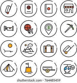 Thin line vector icon set - suitcase vector, passport, duty free, hotel, plane globe, dollar pin, job, lounger, mountains, tent, sand castle, trailer, helicopter toy