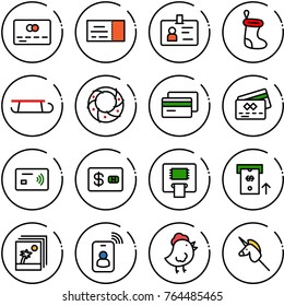 Thin line vector icon set - credit card vector, ticket, identity, christmas sock, sleigh, wreath, tap pay, atm, photo, chicken toy, unicorn stick