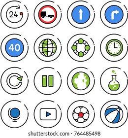 Thin line vector icon set - 24 hours vector, no trailer road sign, only forward, right, minimal speed limit, globe, friends, time, reload, pause, round flask, playback, soccer ball, beach