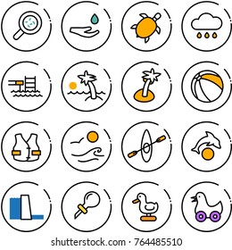 Thin line vector icon set - bacteria vector, drop hand, sea turtle, rain cloud, pool, palm, ball, life vest, waves, kayak, dolphin, water power plant, oiler, toy duck