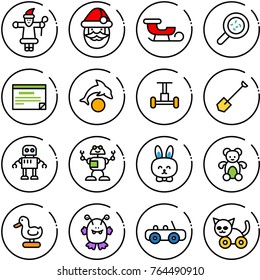 Thin line vector icon set - santa claus vector, sleigh, bacteria, schedule, dolphin, gyroscope, shovel, robot, toy rabbit, bear, duck, monster, car, cat
