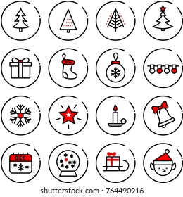 Thin line vector icon set - christmas tree vector, gift, sock, ball, garland, snowflake, star, candle, bell, calendar, snowball, sleigh, elf