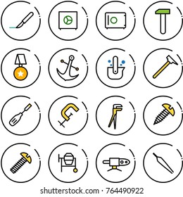 Thin line vector icon set - scalpel vector, safe, work, star medal, anchor, casting of steel, mason hammer, chisel, clamp, plumber, screw, cocncrete mixer, pipe welding, forceps