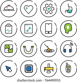 Thin line vector icon set - client bell vector, heart, gear, stomach, pulse clipboard, x ray, phone, head bulb, puzzle, luck, fishing, wireless headphones, cursor, cpu, milling cutter, toy