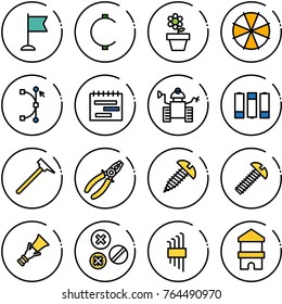 Thin line vector icon set - flag vector, cent, flower pot, parasol, bezier, terms plan, robot, battery, mason hammer, pliers, screw, dowel, rivet, allen key set, toy block house