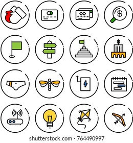 Thin line vector icon set - gloves vector, credit card, money search, flag, signpost, pyramid, bank building, swimsuit, dragonfly, power, terms plan, wi fi router, bulb, kite, bow