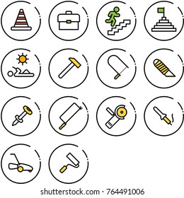 Thin line vector icon set - road cone vector, portfolio, career, pyramid flag, reading, hammer, fretsaw, work knife, nail dowel, metal hacksaw, Angular grinder, soldering iron, lawn mower