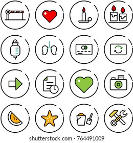 Thin line vector icon set - barrier vector, heart, candle, drop counter, lungs, credit card, exchange, right arrow, history, camera, watermelone, starfish, bucket scoop, wrench hammer