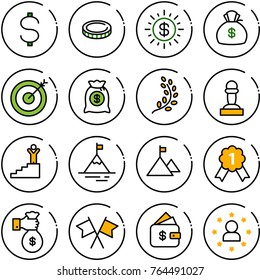 Thin line vector icon set - dollar vector, coin, sun, money bag, target, golden branch, pawn, success, mountain, gold medal, rich, flags cross, finance management, star man