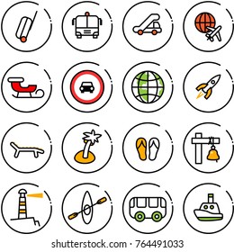 Thin line vector icon set - suitcase vector, airport bus, trap truck, plane globe, sleigh, no car road sign, rocket, lounger, palm, flip flops, ship bell, lighthouse, kayak, toy, boat