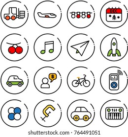 Thin line vector icon set - fork loader vector, small plane, garland, christmas calendar, rowanberry, music, paper, rocket, car, money dialog, bike, player, atom core, clamp, toy piano