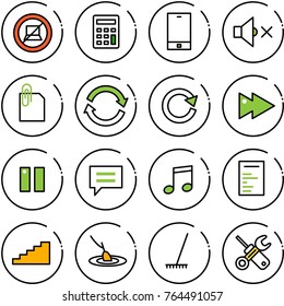 Thin line vector icon set - no computer sign vector, calculator, phone, volume off, attachment, refresh, reload, fast forward, pause, chat, music, document, stairs, fishing, rake, wrench screwdriver