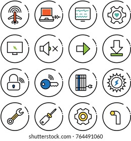 Thin line vector icon set - plane radar vector, netabook connect, diagnostic monitor, heart gear, cursor, volume off, right arrow, download, wireless lock, key, sun panel, power, wrench, screwdriver