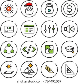 Thin line vector icon set - sun vector, santa claus, weight, dollar coin, credit card, website, settings, volume max, social, tag code, puzzle, graduate hat, mat, pyramid, work knife, corner ruler