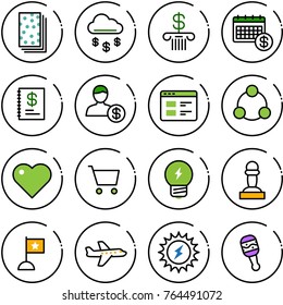 Thin line vector icon set - breads vector, money rain, bank, calendar, annual report, account, website, social, heart, cart, idea, pawn, flag, plane, sun power, beanbag
