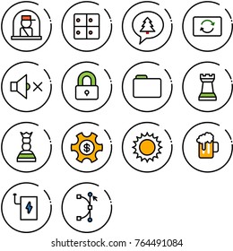 Thin line vector icon set - officer window vector, baggage room, merry christmas message, card exchange, volume off, locked, folder, chess tower, queen, money managemet, sun, beer, power bank