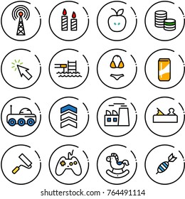 Thin line vector icon set - antenna vector, candle, apple, coin, cursor, pool, swimsuit, drink, moon rover, chevron, plant, jointer, paint roller, joystick, rocking horse, dart