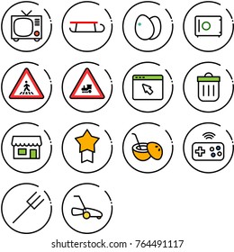 Thin line vector icon set - tv vector, sleigh, eggs, safe, pedestrian road sign, railway intersection, cursor browser, trash bin, store, star medal, coconut cocktail, joystick wireless, farm fork
