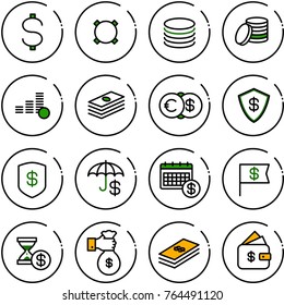 Thin line vector icon set - dollar vector, currency, coin, euro, safe, insurance, calendar, flag, account history, rich, finance management