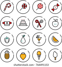 Thin line vector icon set - lollipop vector, candy, cake, santa stick, apple, sweet pepper, pear, drink, watermelone, pineapple, strawberry, ice cream