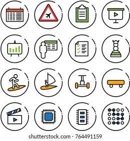 Thin line vector icon set - schedule vector, airport road sign, clipboard, presentation board, chart, list, chess queen, surfing, windsurfing, gyroscope, skateboard, movie flap, cpu, chip, circuit
