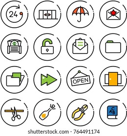 Thin line vector icon set - 24 hours vector, automatic doors, insurance, star letter, money chest, unlocked, opened mail, folder, fast forward, open, opening, fizz, side cutters, abc book