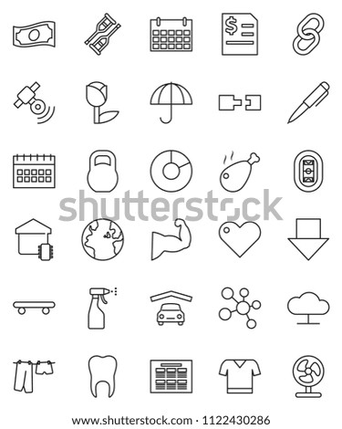 thin line vector icon set - drying clothes vector, sprayer, chicken leg, pen, schedule, pie graph, cash, annual report, arrow down, calendar, muscule hand, t shirt, skateboard, molecule, stadium