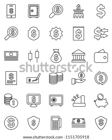 thin line vector icon set - bank vector, exchange, japanese candle, cash, money bag, piggy, investment, coin stack, check, building, search, dollar medal, shield, safe, monitor, sign, receipt