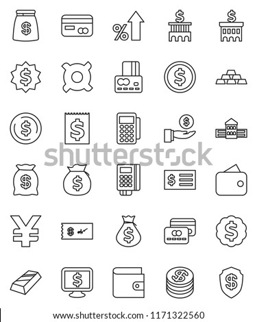 thin line vector icon set - school building vector, dollar coin, gold ingot, credit card, wallet, percent growth, money bag, investment, bank, receipt, medal, monitor, any currency, yen sign, reader