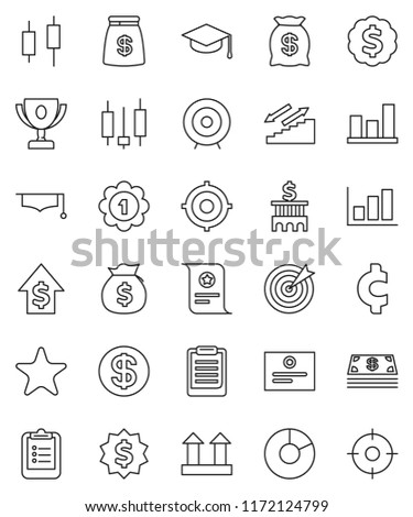 thin line vector icon set - graduate hat vector, clipboard, award cup, certificate, graph, pie, japanese candle, money bag, dollar growth, bank building, target, medal, cent sign, stairways run, top
