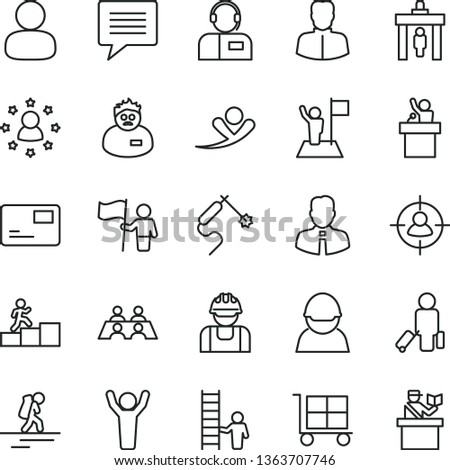 thin line vector icon set - image of thought vector, cargo trolley, employee, pass card, operator, racer, builder, gas welding, woman, man, in sight, conversation, scientist, carrer stairway, hold
