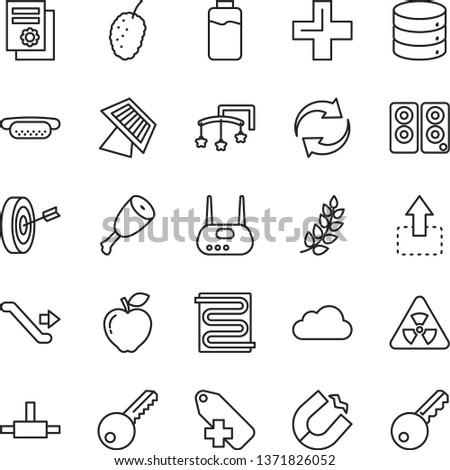 thin line vector icon set - renewal vector, plus, add label, toys over the cot, key, heating coil, big data, move up, mini hot dog, chicken thigh, red apple, tasty mulberry, charge level, router