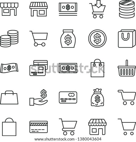 thin line vector icon set - paper bag vector, grocery basket, bank card, cart, put in, with handles, cards, kiosk, coins, stall, shopping, front of the, column, dollar, get a wage, money, dollars