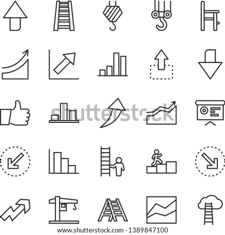 thin line vector icon set - upward direction vector, downward, growth up, line chart, positive histogram, a chair for feeding, crane, hook, winch, stepladder, ladder, left bottom arrow, thumb, move