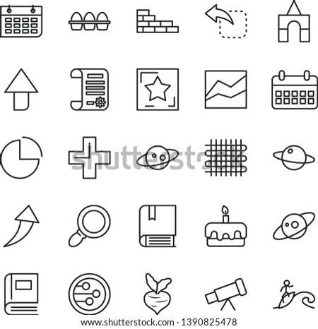 thin line vector icon set - upward direction vector, plus, pie chart, line, box of bricks, e, brick wall, planet, move left, bundle eggs, torte, beet, weaving, research article, calendar, network