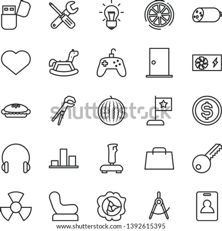 thin line vector icon set - heart symbol vector, Baby chair, rocking horse, small tools, adjustable wrench, key, ntrance door, headphones, sausage, pie, squash, water melon, slice of lemon, chart