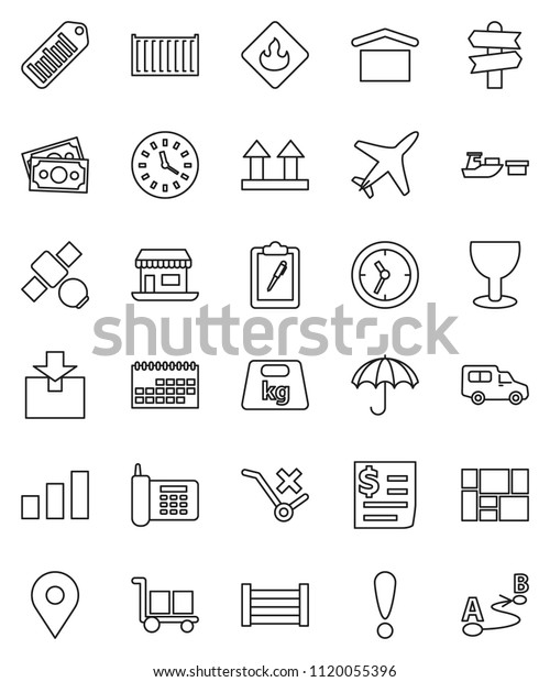 thin line vector icon set - signpost vector,\
map pin, attention, office, plane, satellite, money, phone, sea\
container, car, clock, calendar, receipt, port, wood box,\
consolidated cargo,\
clipboard