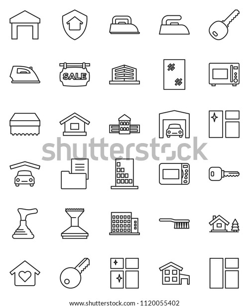 thin line vector icon set - plunger vector,\
fetlock, sponge, car, window cleaning, iron, shining, microwave\
oven, school building, warehouse, key, cottage, chalet, garage,\
estate document, office