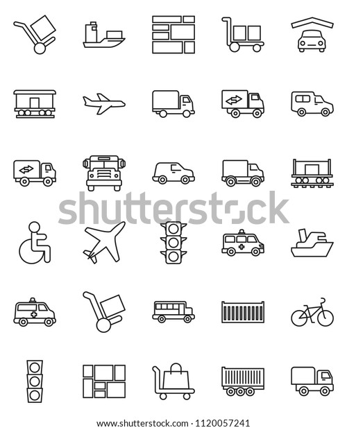 thin line vector icon set - school bus vector,
bike, Railway carriage, plane, traffic light, ship, truck trailer,
sea container, delivery, car, consolidated cargo, disabled,
amkbulance, garage