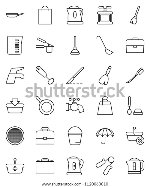 thin line vector icon set - plunger vector,
broom, water tap, bucket, car fetlock, toilet brush, pan, kettle,
measuring cup, cook press, whisk, ladle, sieve, case, hand trainer,
umbrella, scalpel
