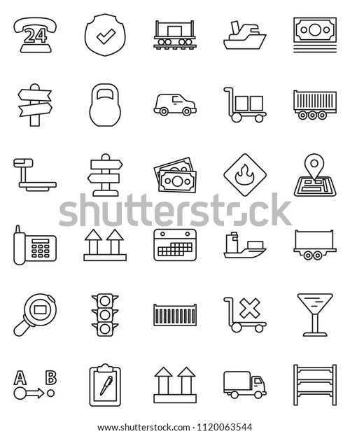 thin line vector icon set - signpost vector,\
navigator, Railway carriage, money, traffic light, phone, 24, ship,\
truck trailer, sea container, delivery, car, calendar, clipboard,\
glass, cargo, route