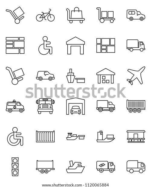 thin line vector icon set - school bus vector,\
bike, plane, traffic light, ship, truck trailer, sea container,\
delivery, car, port, consolidated cargo, warehouse, Railway\
carriage, disabled,\
garage