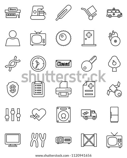 thin line vector icon set - satellite vector, clock,\
wood box, cargo, music hit, settings, monitor, heart pulse,\
thermometer, dna, chromosomes, anamnesis, amkbulance car, ovule,\
medical room, user