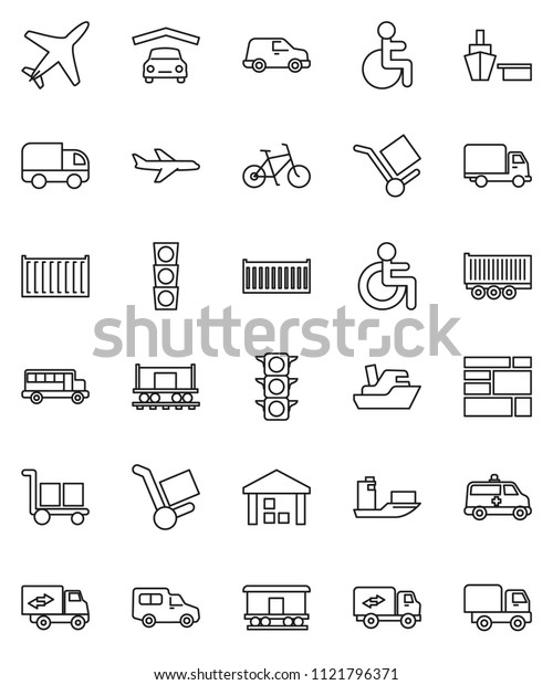 thin line vector icon set - school bus vector,
bike, Railway carriage, plane, traffic light, ship, truck trailer,
sea container, delivery, car, port, consolidated cargo, warehouse,
disabled, garage
