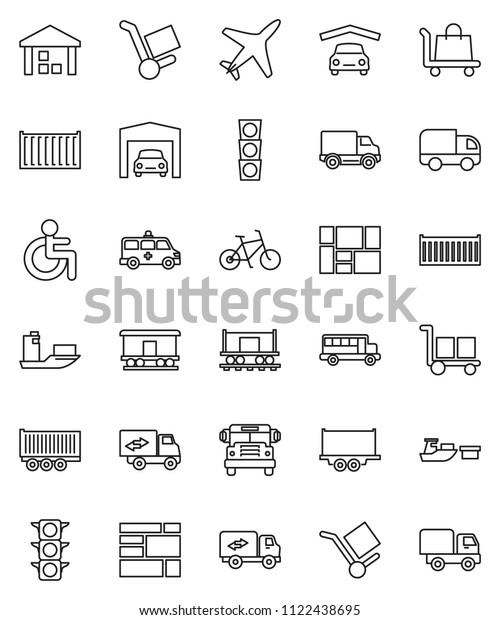thin line vector icon set - school bus vector,\
bike, Railway carriage, plane, traffic light, ship, truck trailer,\
sea container, delivery, port, consolidated cargo, warehouse,\
disabled, garage
