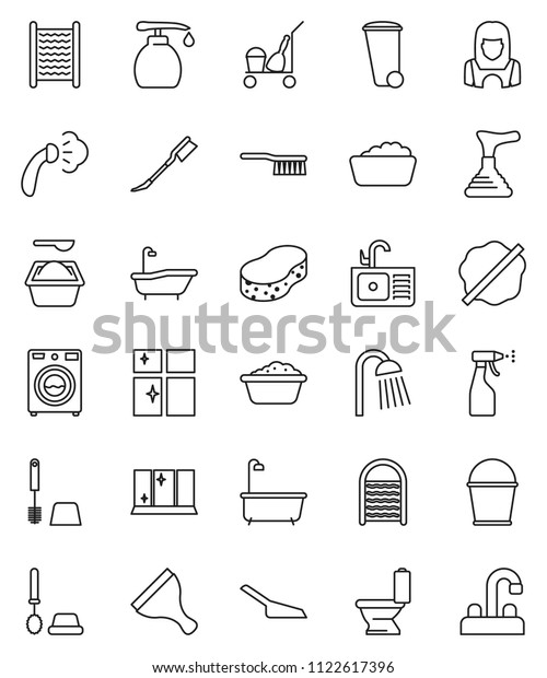 thin line vector icon set - plunger vector, scraper,\
cleaner trolley, fetlock, scoop, bucket, sponge, trash bin, car,\
splotch, steaming, bath, toilet, brush, washer, foam basin, washing\
powder, sink