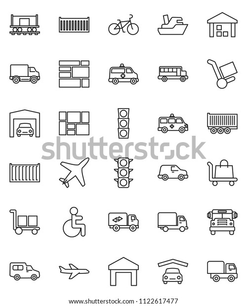 thin line vector icon set - school bus vector,\
bike, Railway carriage, plane, traffic light, ship, truck trailer,\
sea container, delivery, car, consolidated cargo, warehouse,\
disabled, amkbulance