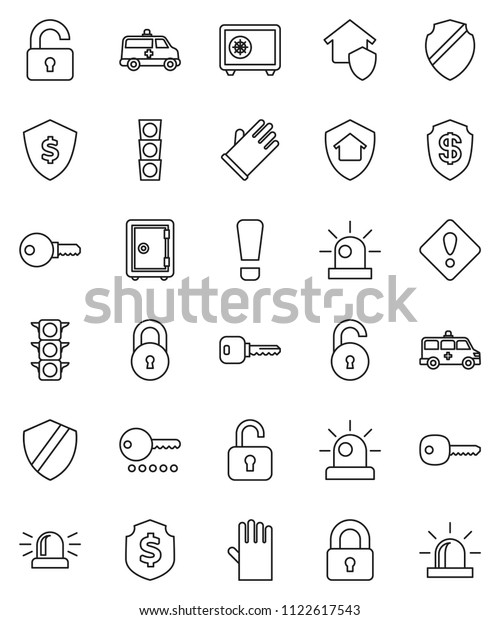 thin line vector icon set -\
rubber glove vector, dollar shield, safe, traffic light, amkbulance\
car, lock, unlock, key, attention sign, siren, home protect,\
password