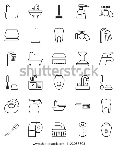thin line vector icon set - soap vector,\
water tap, fetlock, mop, sponge, car, bath, toilet brush, liquid,\
paper, shower, sink, tooth,\
epilator