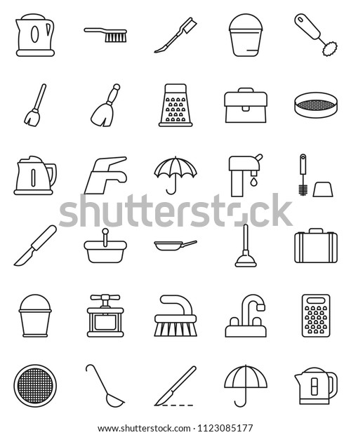thin line vector icon set - plunger vector, broom,
water tap, fetlock, bucket, car, toilet brush, pan, kettle, cook
press, whisk, ladle, grater, sieve, case, umbrella, scalpel,
supply, basket